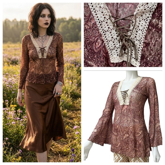 Bisou Bisou Tops - Vtg 90s Bisou Bisou Paisley Lace‎ Bell Sleeve Top Boho S Whitchy Whimsygoth USA